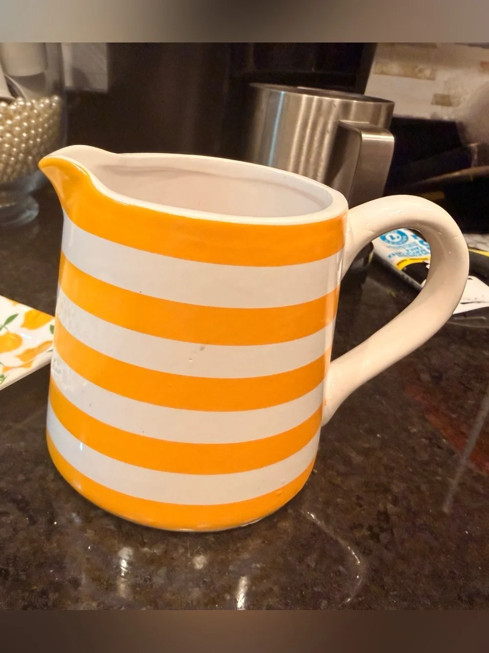 NEW Yellow Stripe Ceramic Pitcher Lemon Tray Set Luxe Citrus Kitchen Decor